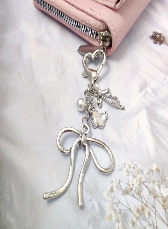 Nalefow Keychain for Women Gold Bow Angel Wings KeyChains Novel Star Heart Strawberry Racket Pendants Bag Charm Key Chains (Silver Bow) - Image 4